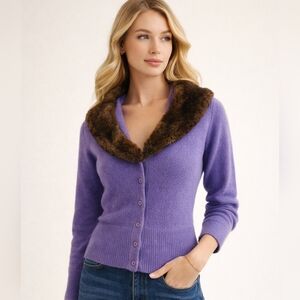 Sutton Studio Vintage Cardigan Wool Blend Sweater–Faux Fur Collar. Purple. XS/S